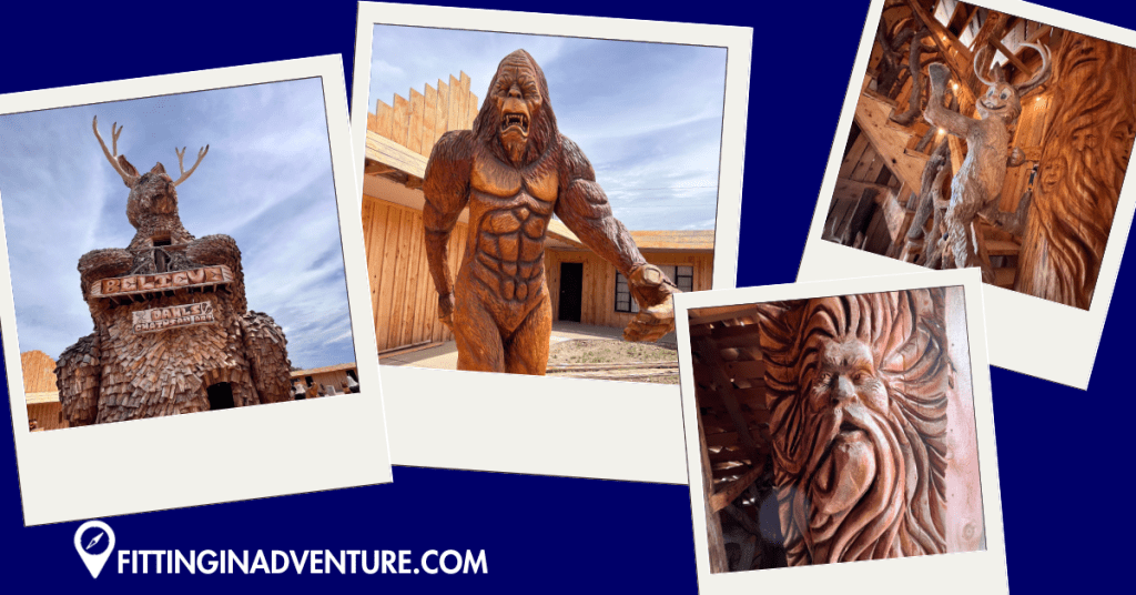 South Dakota's Dahl Chainsaw Art Gallery featuring intricate wood carvings, including a towering Bigfoot, a giant Jackalope, and other detailed sculptures.