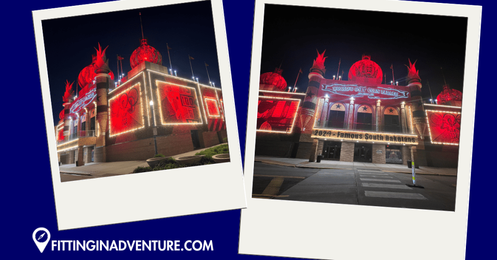 The Corn Palace in Mitchell, South Dakota, illuminated at night with its intricate murals made from corn and other grains, showcasing vibrant colors and detailed designs.