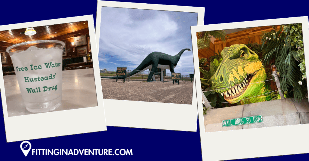 A classic Wall Drug free ice water cup, alongside the iconic roadside dinosaur and towering T. rex statue in South Dakota, capturing the charm of this famous roadside attraction.