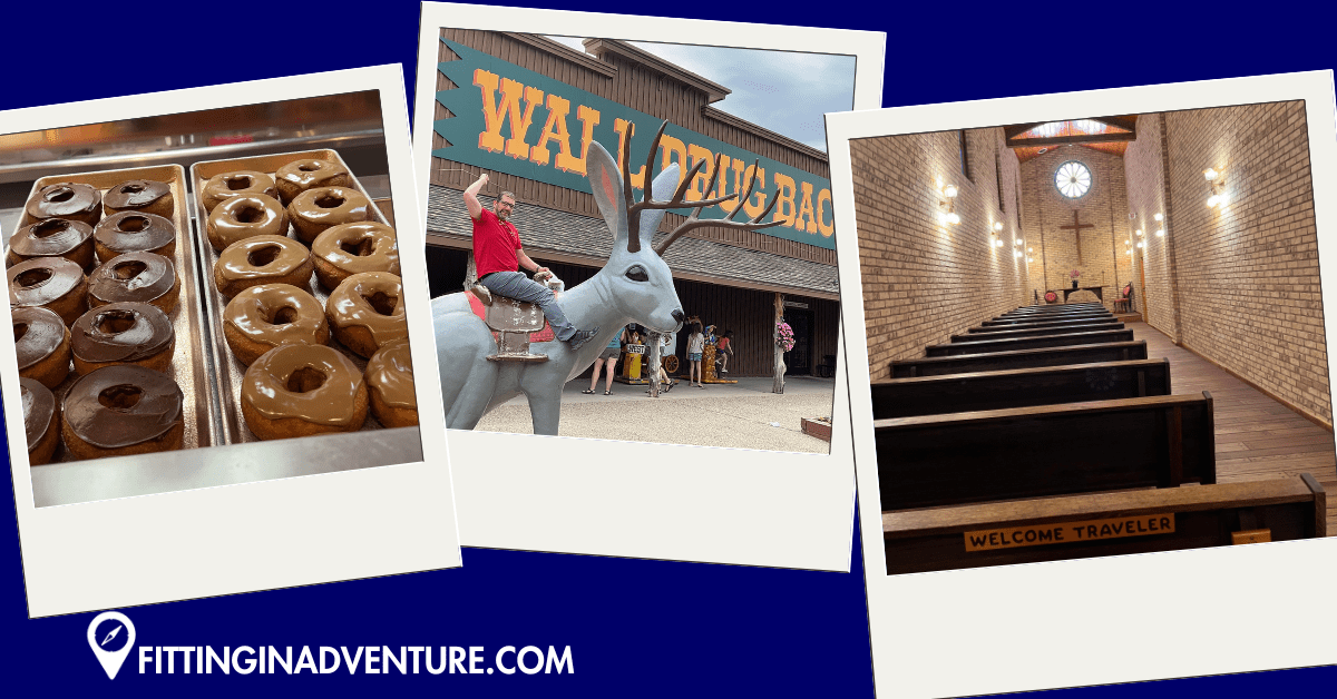 A visitor riding the giant jackalope statue at Wall Drug in South Dakota, alongside a display of the famous Wall Drug donuts and the peaceful Traveler’s Chapel.