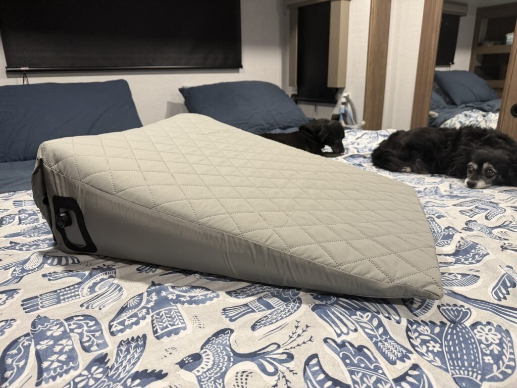 Dogs on RV bed with Travel Wedge Pro pillow 
