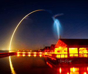 Florida Space Coast launch - Space X rocket with jellyfish just before sunrise