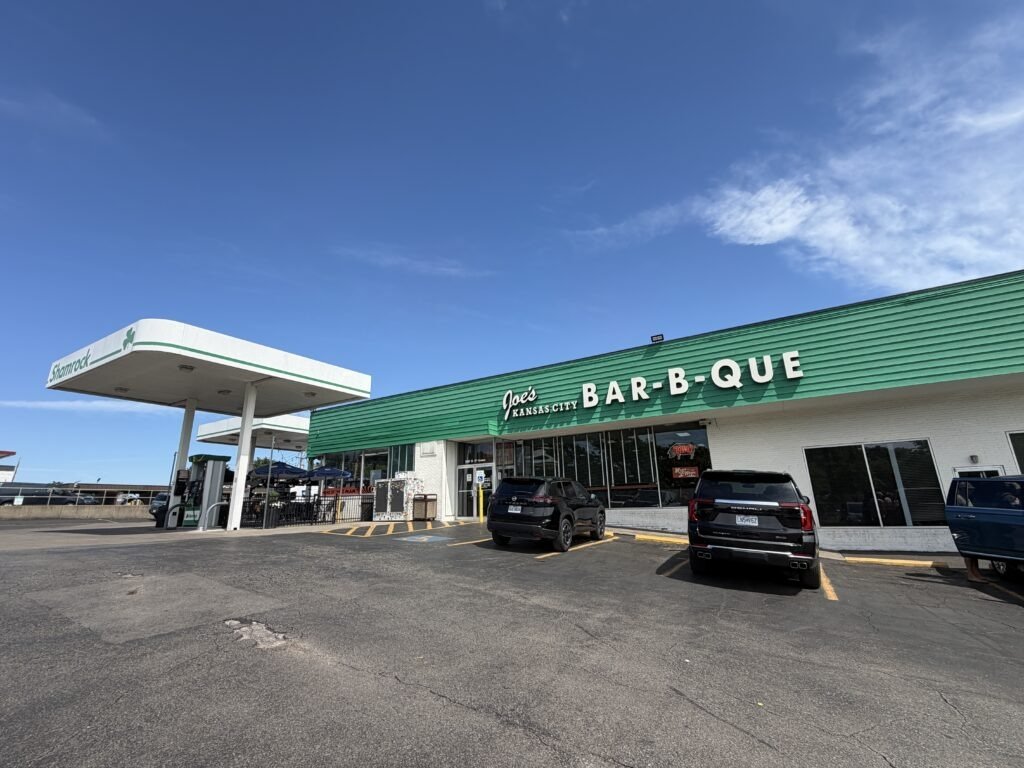 Exterior of Joe's Bar-b-que and gas station in Kansas City
